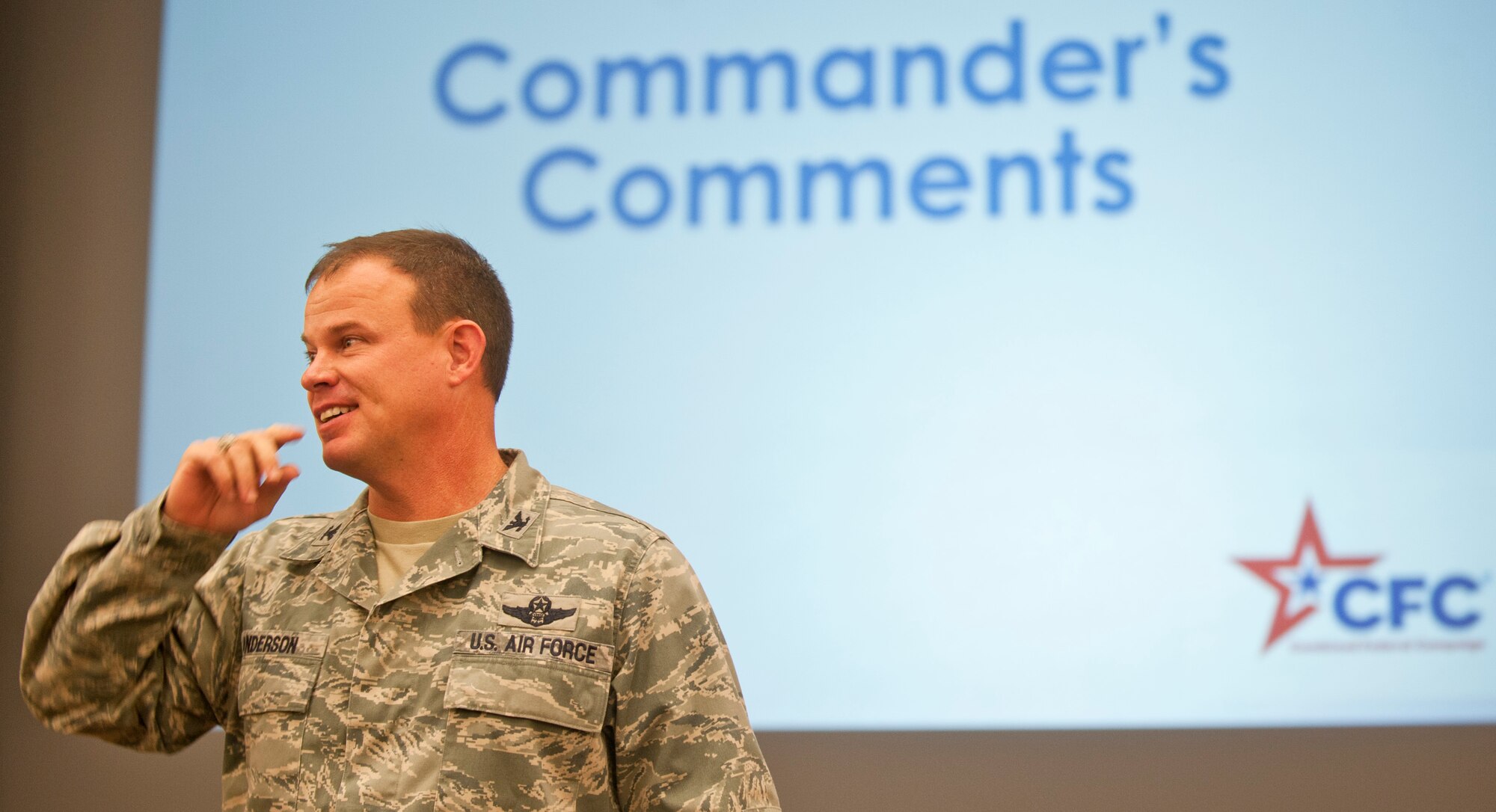 U.S. Air Force Col. Bryon Anderson, 366th Fighter Wing vice commander, gives a speech during the 2013 Combined Federal Campaign kick-off Sept. 30, 2013, at Mountain Home Air Force Base, Idaho. The base’s 2013 CFC goal is $115,000 -- $5,000 more than the 2012 goal. (U.S. Air Force photo by Airman 1st Class Brittany A. Chase/Released)