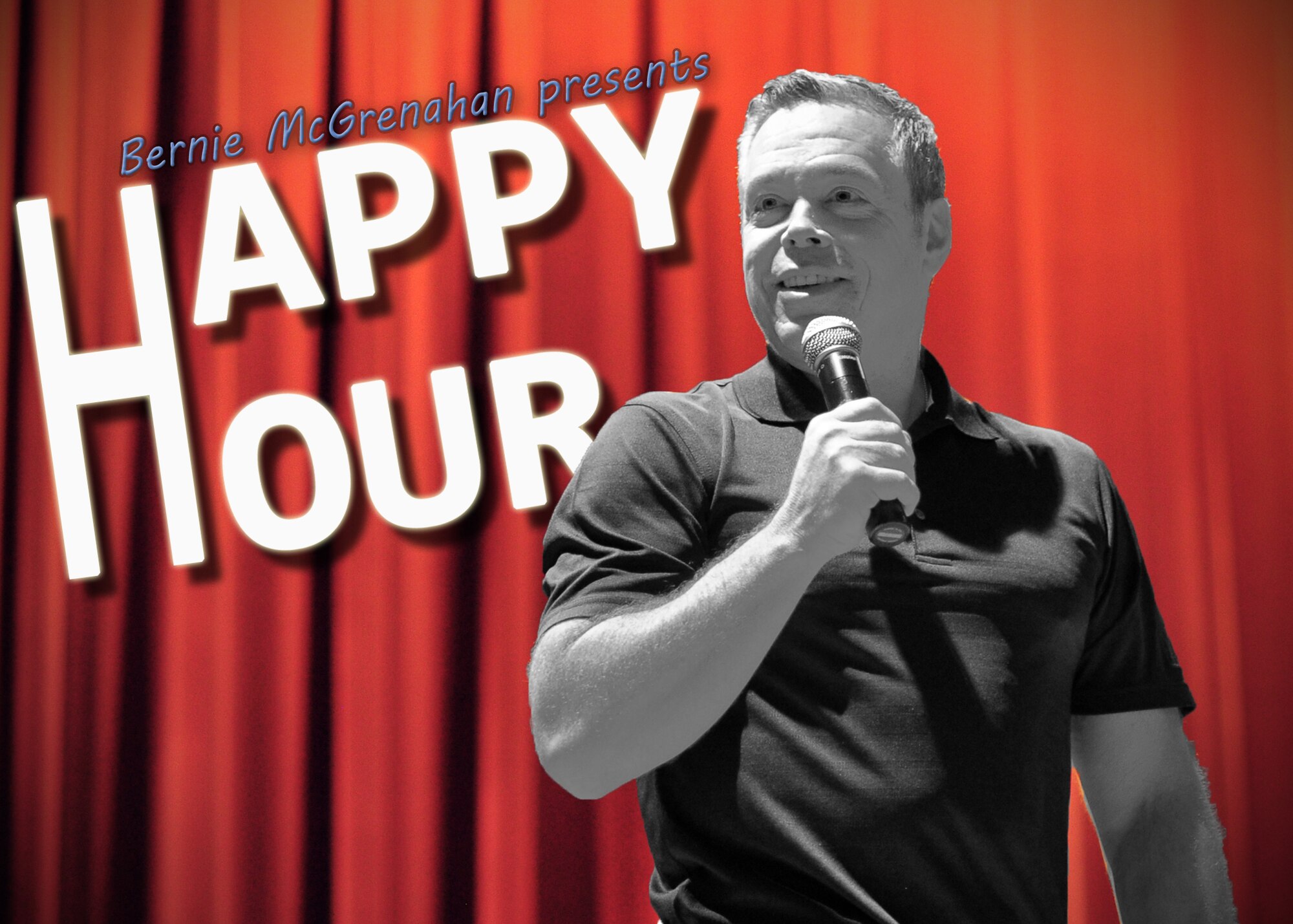 Bernie McGrenahan performs his comedy show, “Happy Hour”, in the base theater at Fairchild Air Force Base, Wash., Sept. 27, 2013. He followed up with a personal testimony to inspire military and civilian personnel on making smart decisions when it comes to excessive drinking, driving under the influence reduction and suicide prevention. (U.S. Air Force graphic by Senior Airman Taylor Curry/Released)