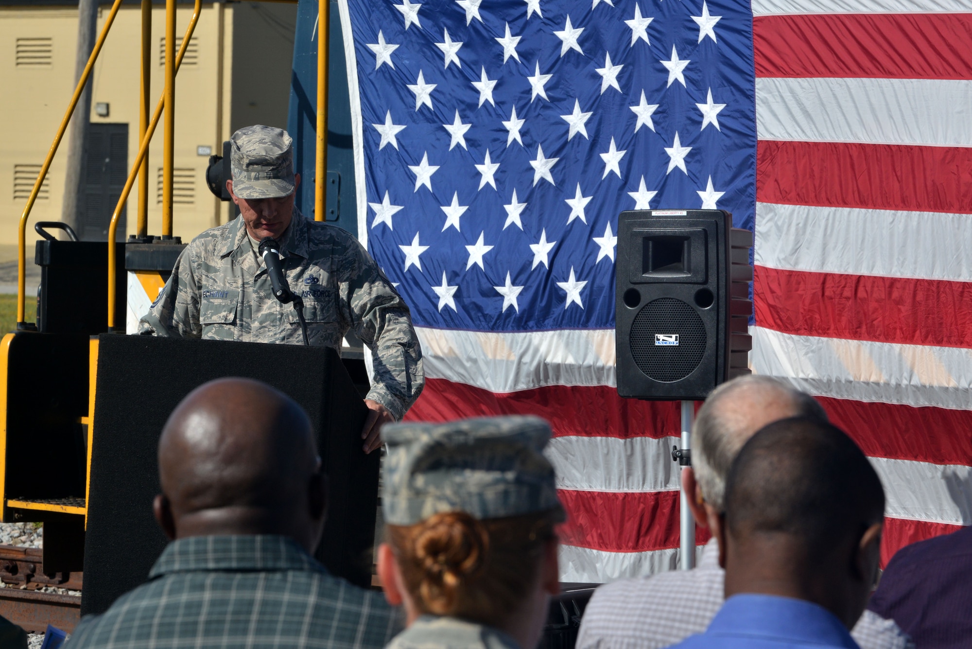 U.S. Air Force Master Sgt. Randall Dechant, 20th Logistics Readiness Squadron distribution superintendent, speaks during the remembrance of Michelle Hill, 20th LRS D-Flight conductor, Shaw Air Force Base, S.C., Sept. 30, 2013. Hill was a locomotive conductor for 16 years. (U.S. Air Force photo by Airman 1st Class Ashley L. Gardner/Released)