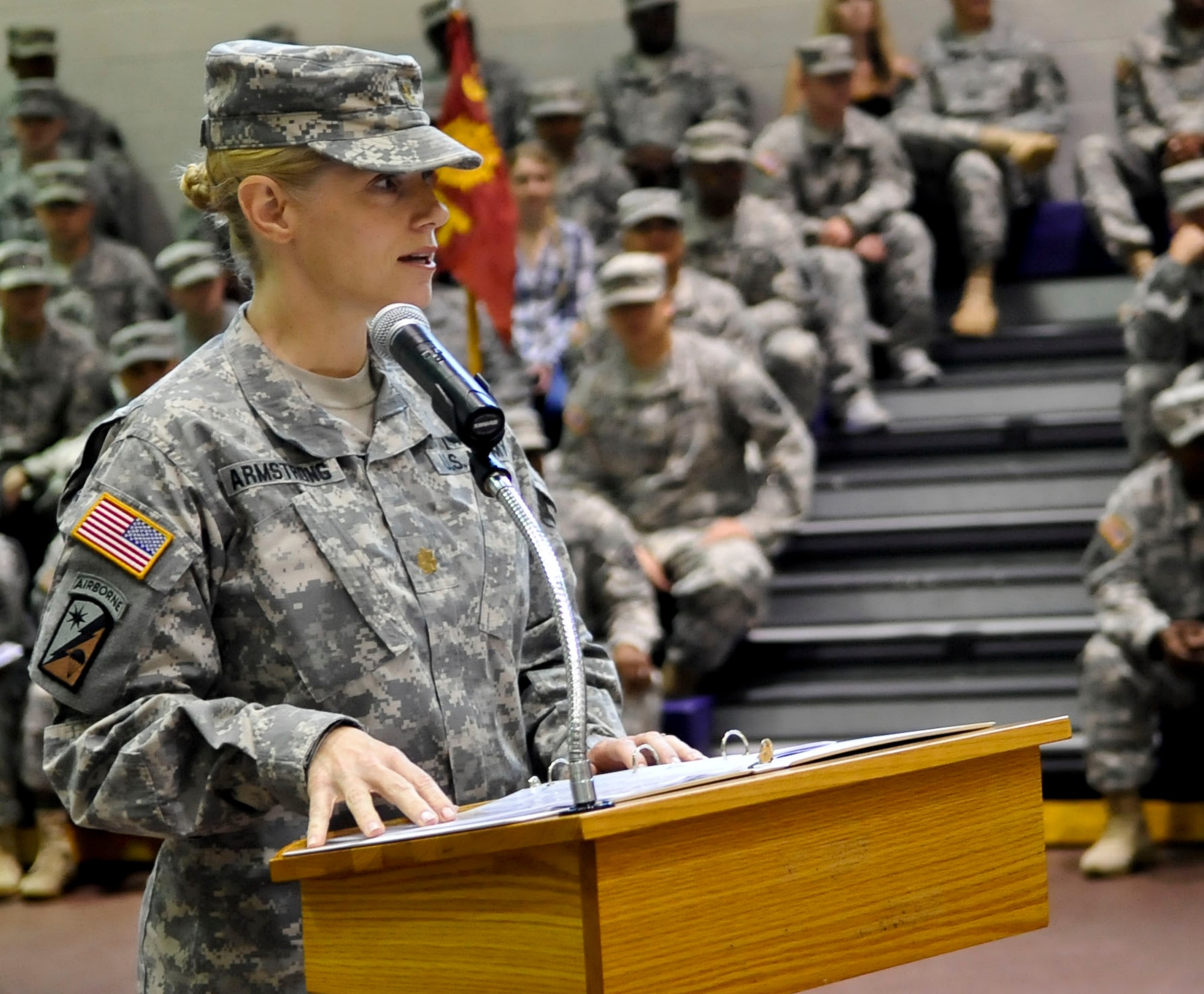 U.S. Army Maj. Theresa Armstrong, 53rd Transportation Battalion commander, talks to members of the 271st Movement Control Team during a deployment ceremony at Fort Eustis, Va., Sept. 30, 2013. During the unit's deployment, they will be in charge of managing the base's airfield as well as providing transport of equipment and personnel. (U.S. Air Force photo by Staff Sgt. Wesley Farnsworth/Released)