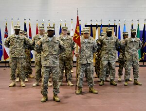 Members of the 271st Movement Control Team stand in formation during a deployment ceremony at Fort Eustis, Va., Sept. 30, 2013. The MCT will deploy to Bagram Air Base, Afghanistan in support of Operation Enduring Freedom. (U.S. Air Force photo by Staff Sgt. Wesley Farnsworth/Released)