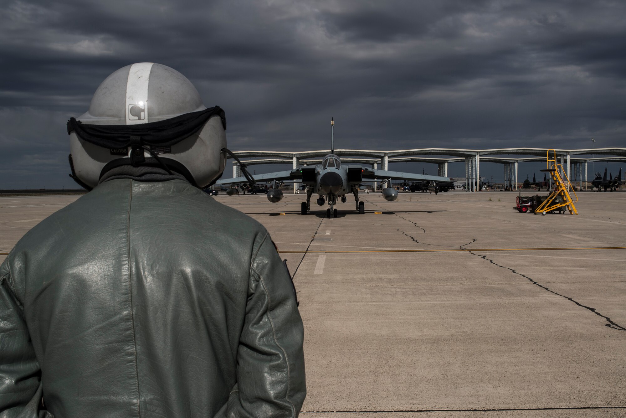 A German Air Force crew chief marshals an AG-51 Tornado prior to take off at Mountain Home Air Force Base, Idaho, Oct. 1, 2013. The Tornados will be at Mountain Home from Sept. 30 through Oct. 19 for Mountain Roundup 2013, an exercise that is part of the German Air Force Tornado Fighter Weapons Instructor Course Mission Employment (ME) Phase. (U.S. Air Force photo by Master Sgt. Kevin Wallace/RELEASED)