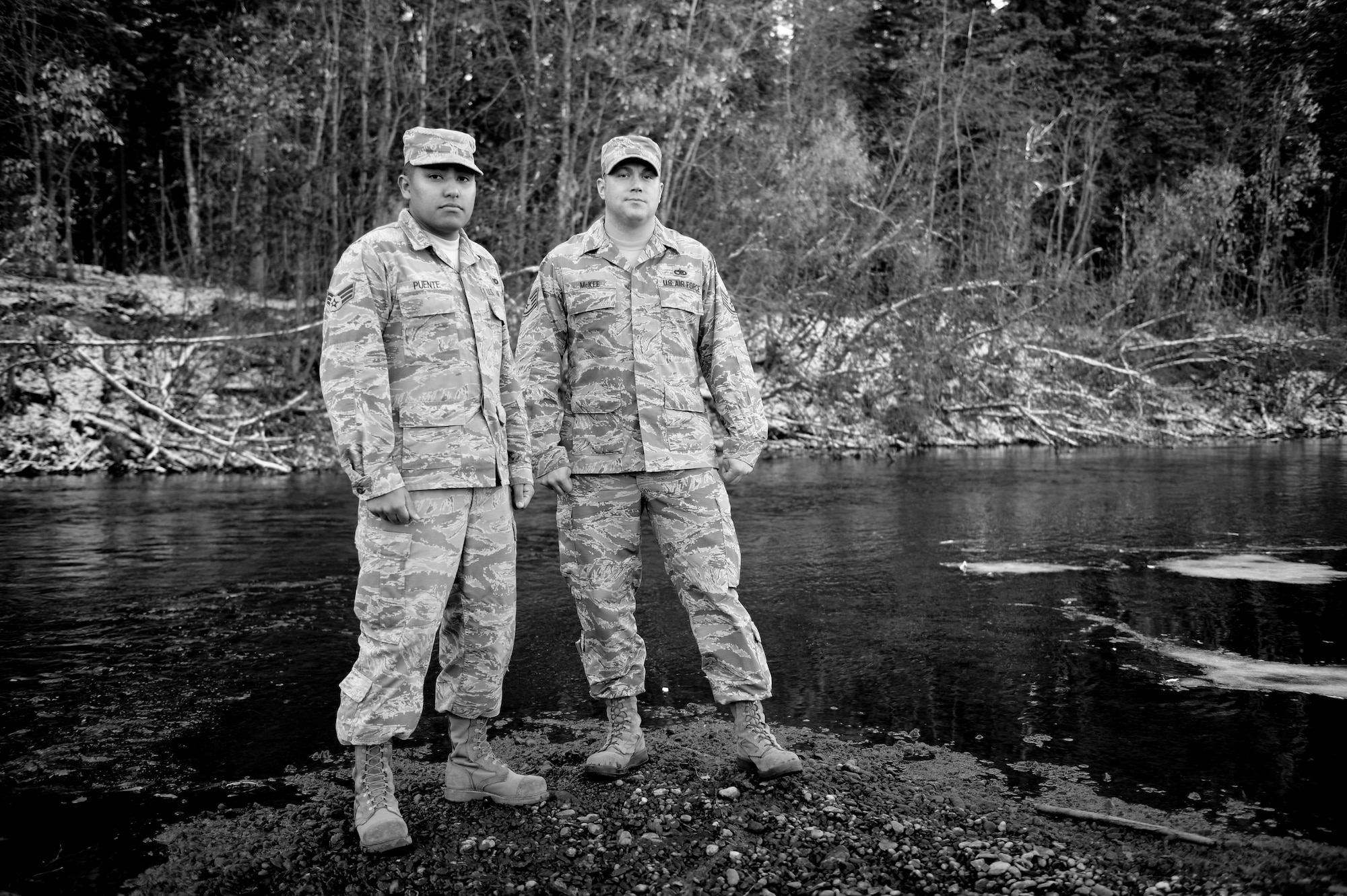 After seeing a boat capsize in the Upper Chena River near Fairbanks, Alaska, May 26. 2013, aircraft structural maintenance technicians Senior Airman Noe Puente, Staff Sgt. Travis McKee, and Tech. Sgt. Zach Stewart (not pictured) from the 354th Maintenance Group, took action to save the lives of three local citizens using Self Aid and Buddy Care. (U.S. Air Force photo by Airman 1st Class Peter Reft/Released)