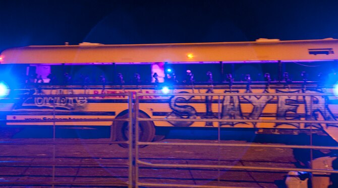 130928-F-GZ967-027 A school bus, equipped with 40 paintball guns, sits ready to take people into the corn field to protect the area from “zombies” attempting to take over the Fritzler Corn Maze in Greeley, Colo., Sept. 28, 2013. (U. S. Air Force photo by Airman 1st Class Brandon Valle)