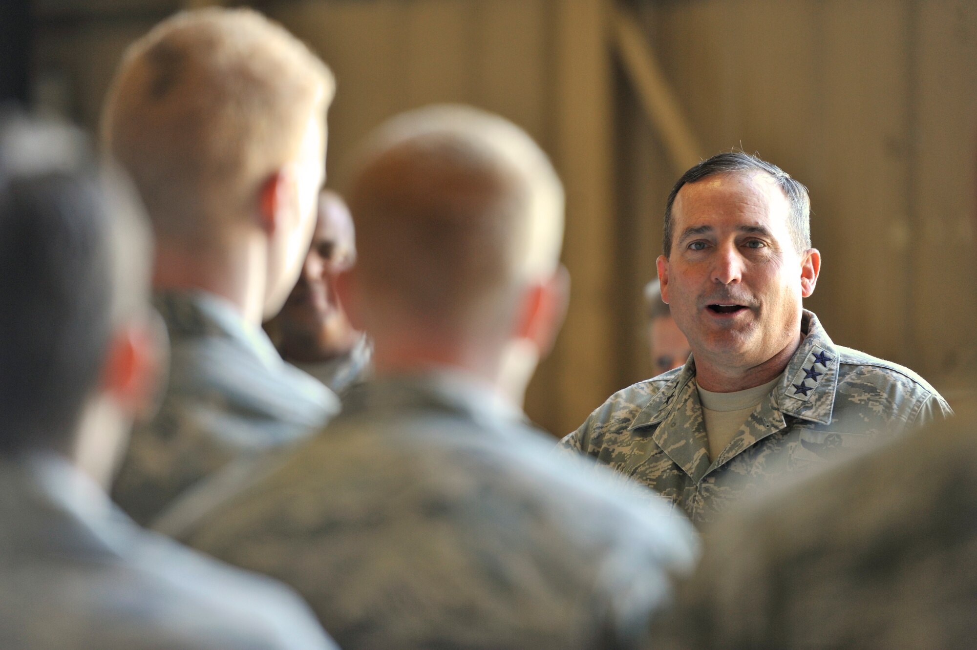 U.S. Air Force Lt. Gen. Stephen Mueller, the Air Force Inspector General, speaks to Airmen at Shaw Air Force Base on Sept. 23, 2013. Mueller answered Airmen’s questions regarding changes in the Air Force’s inspection system. (U.S. Air Force photo by Airman 1st Class Jonathan Bass/Released)