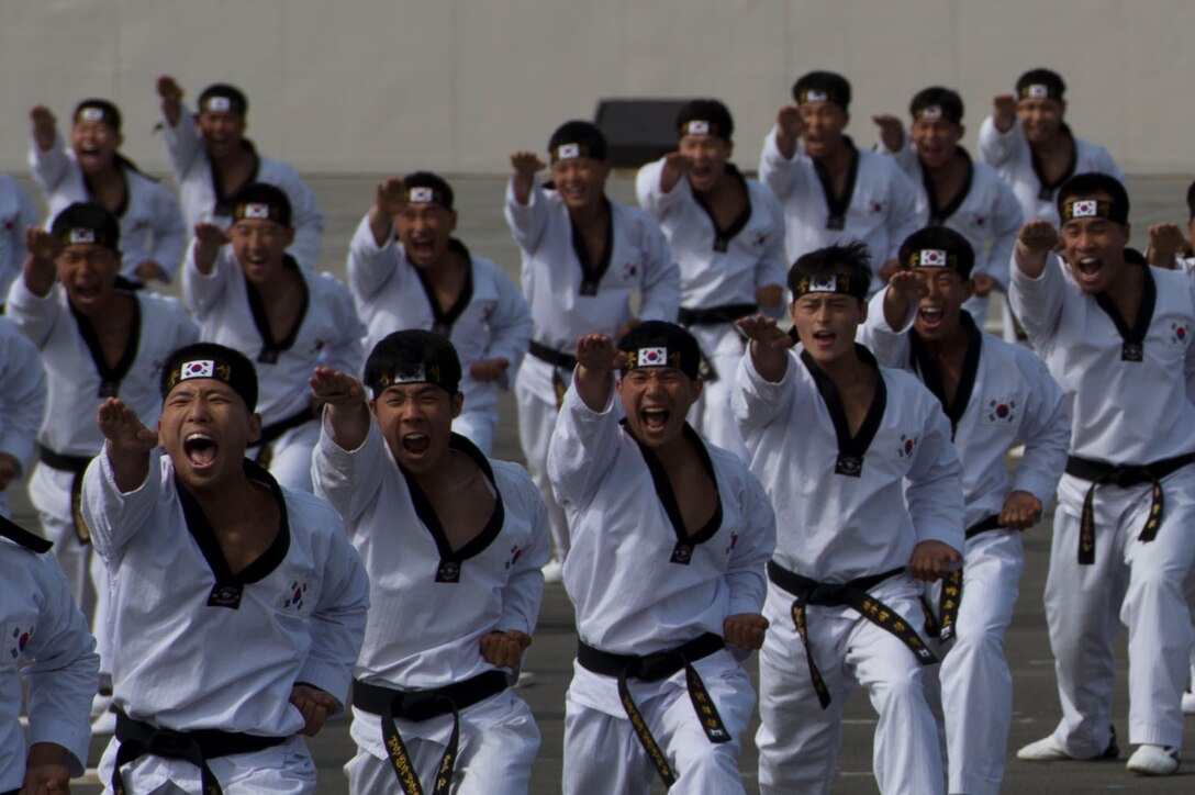 South Korean martial arts specialists scream during a military parade to commemorate the 60th anniversary of the U.S.-South Korean alliance in Seoul, South Korea, Oct. 1, 2013.  