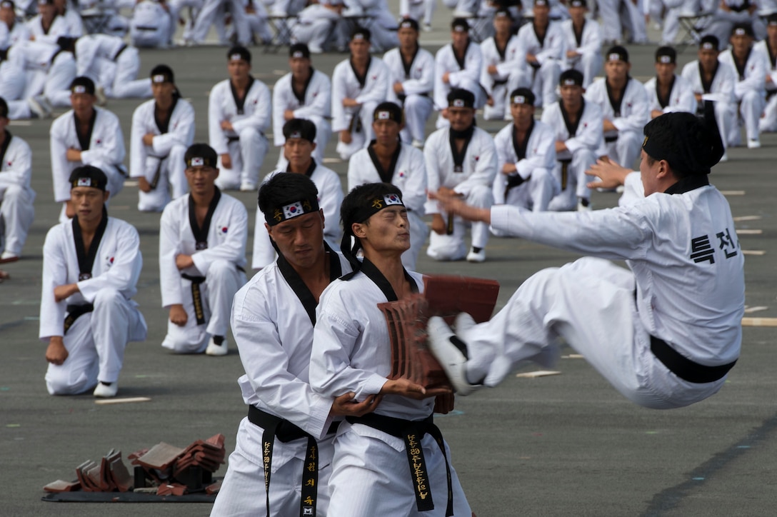 South Korean martial arts specialists demonstrate techniques during a military parade to commemorate the 60th anniversary of the U.S.-South Korean alliance in Seoul, South Korea, Oct. 1, 2013.