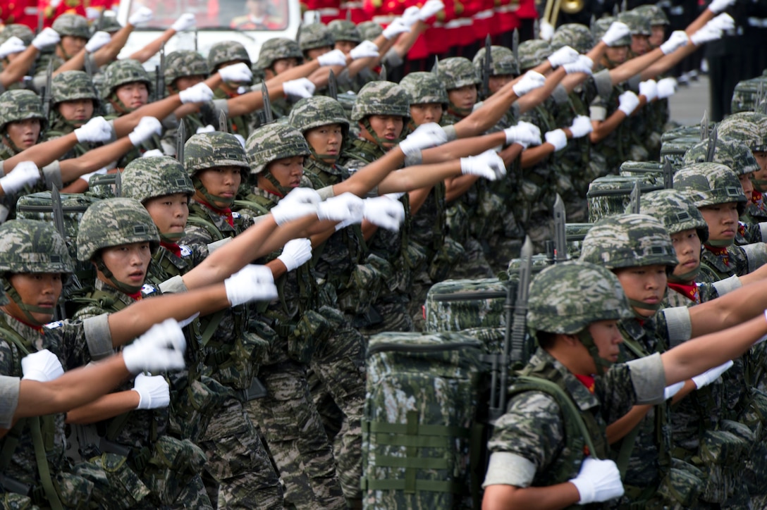 South Korean soldiers march during a military parade to commemorate the 60th anniversary of the U.S.-South Korean alliance in Seoul, South Korea, Oct. 1, 2013.