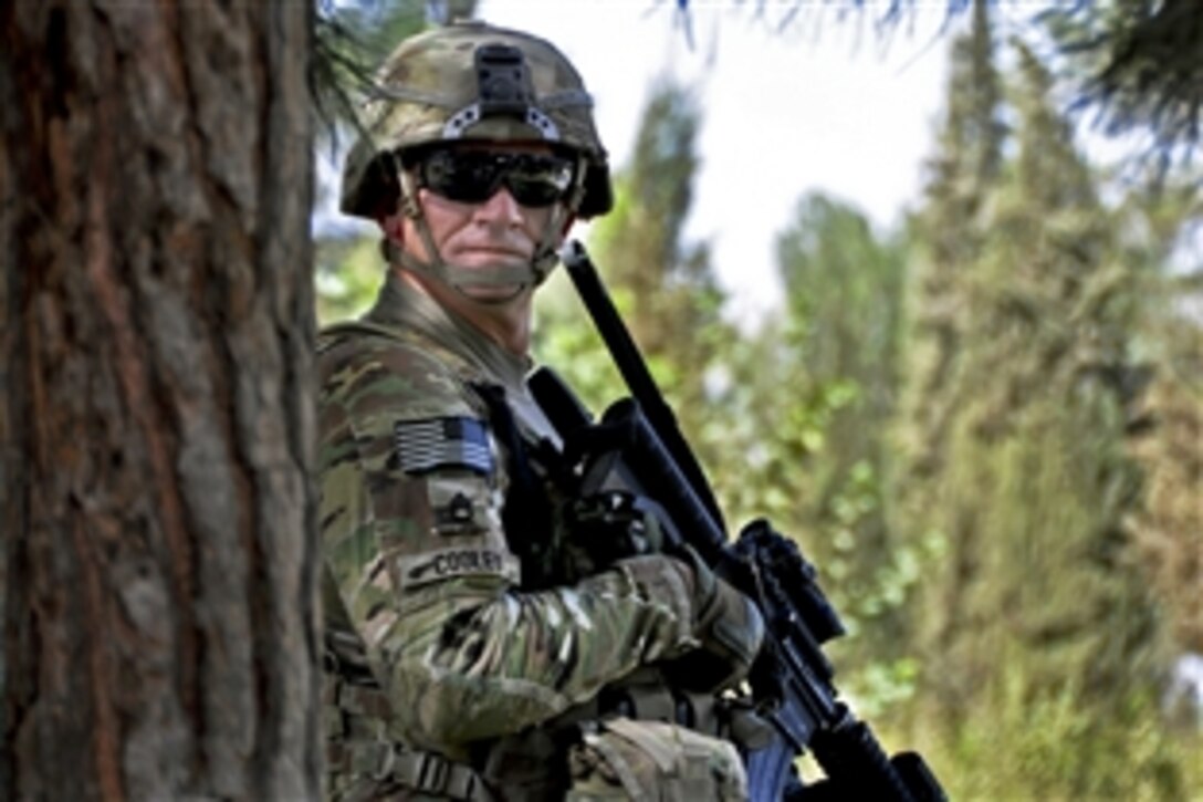 U.S. Army John Cooley provides security during a meeting with at the Directorate of Agriculture, Irrigation and Livestock in Farah City, Afghanistan, Sept. 28, 2013. Cooley is assigned to Provincial Reconstruction Team Farah. 