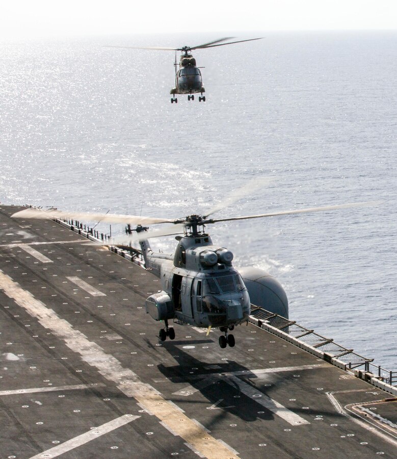 French aircraft land aboard the USS Kearsarge (LHD 3), at sea, Sept. 30, 2013. The 26th Marine Expeditionary Unit (MEU) is a Marine Air-Ground Task Force forward-deployed to the U.S. 5th and 6th Fleet areas of responsibility aboard the Kearsarge Amphibious Ready Group serving as a sea-based, expeditionary crisis response force capable of conducting amphibious operations across the full range of military operations. (U.S. Marine Corps photo by Sgt. Christopher Q. Stone, 26th MEU Combat Camera/Released)
