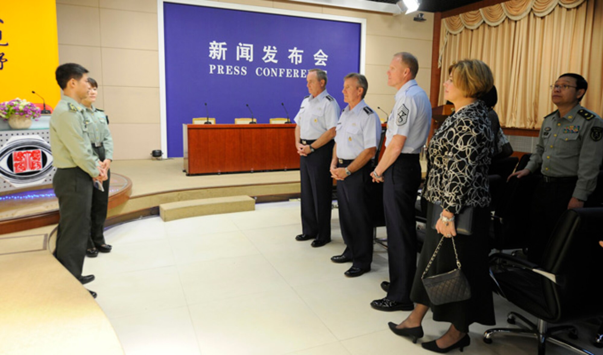 Air Force Chief of Staff Gen. Mark A. Welsh III visits the media training center at the National Defense University Sept. 26, 2013, in Beijing, China. Welsh, along with Gen. "Hawk" Carlisle and Chief Master Sgt. of the Air Force James A. Cody, visited with various military leaders as part of a weeklong visit.