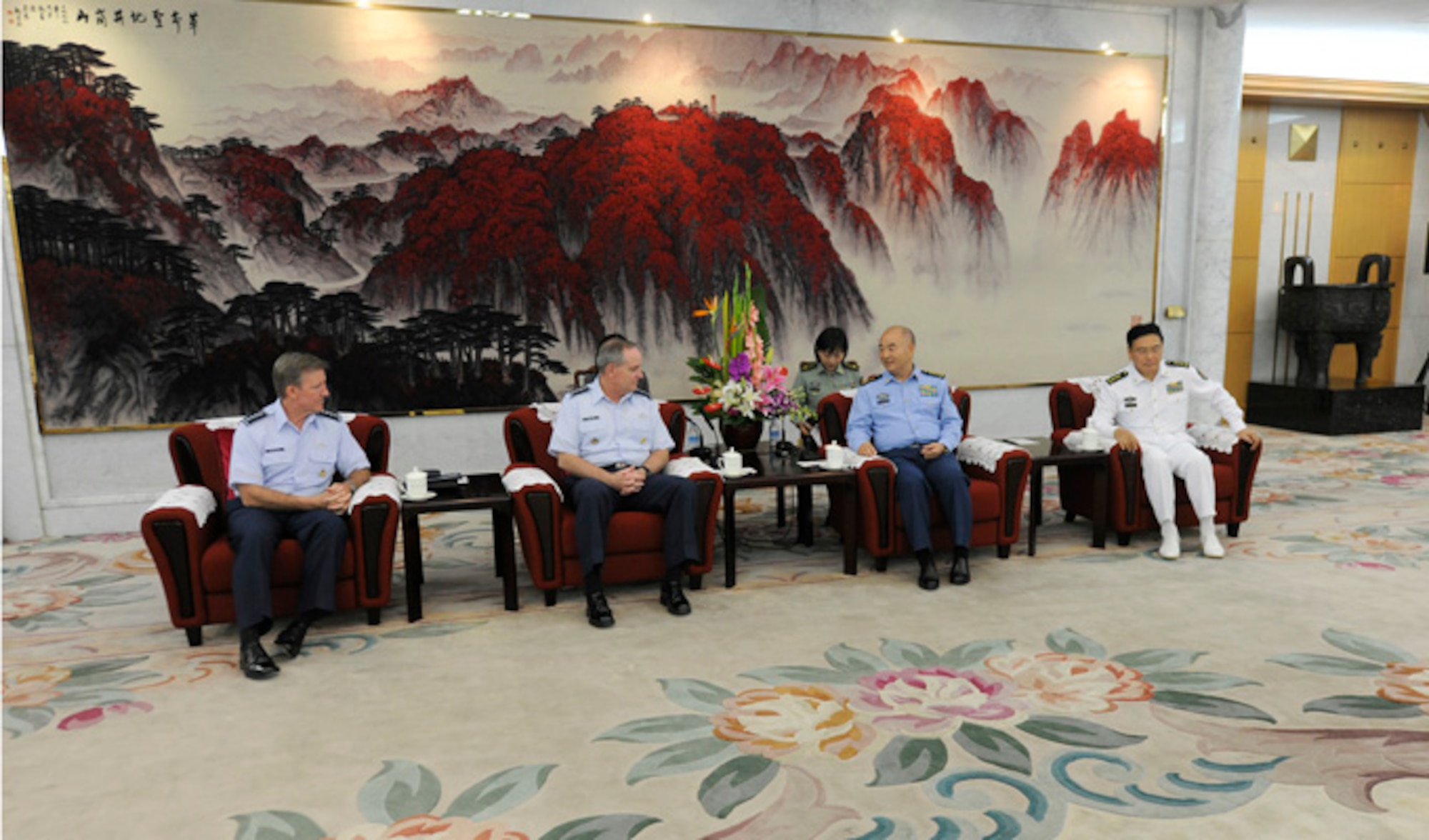 Air Force Chief of Staff Gen. Mark A. Welsh III meets with Vice Chairman of the Central Military Commission Gen. Xu Qiliang Sept. 26, 2013, in Beijing, China. Welsh, along with Gen. "Hawk" Carlisle and Chief Master Sgt. of the Air Force James A. Cody, visited with various military leaders as part of a weeklong visit to the country.