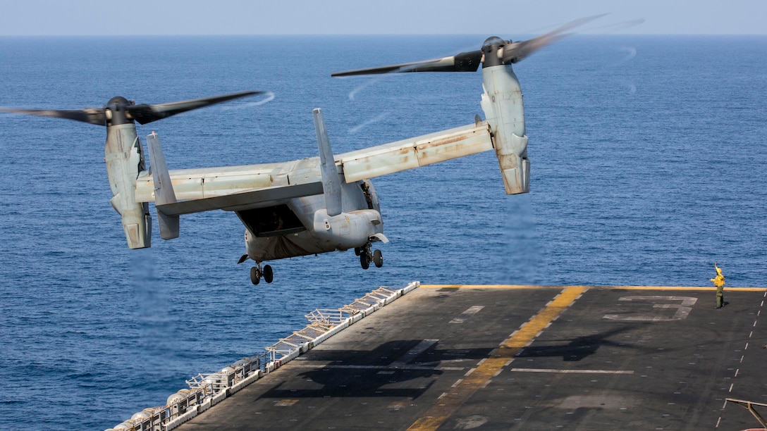 An MV-22B Osprey assigned to Marine Medium Tiltrotor Squadron (VMM) 266 (Reinforced), 26th Marine Expeditionary Unit (MEU), takes off from the flight deck of the USS Kearsarge (LHD 3), at sea, Sept. 30, 2013. The 26th MEU is a Marine Air-Ground Task Force forward-deployed to the U.S. 5th and 6th Fleet areas of responsibility aboard the Kearsarge Amphibious Ready Group serving as a sea-based, expeditionary crisis response force capable of conducting amphibious operations across the full range of military operations. (U.S. Marine Corps photo by Sgt. Christopher Q. Stone, 26th MEU Combat Camera/Released)