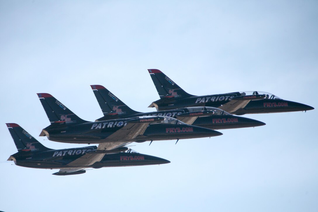 The Patriots Jet Team flies in a formation during the 2012 Marine Corps Air Station Miramar Air Show, Oct. 14. The Patriots feature former Blue Angel, Thunderbird and Snowbird pilots. (Photo by Sgt. Sarah Fiocco)  
