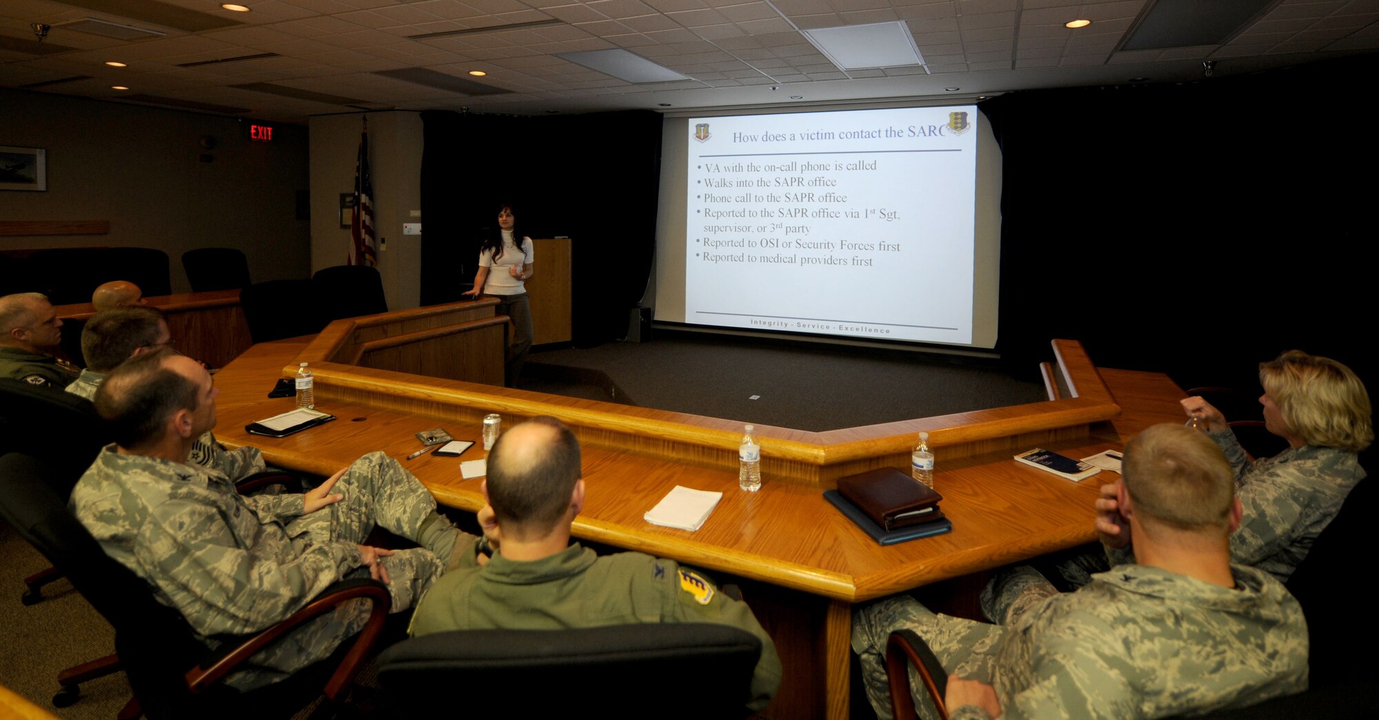 Base leaders participate in a sexual assault prevention and response training course in the 28th Bomb Wing conference room at Ellsworth Air Force Base, S.D. Sept. 30, 2013. During the course, leaders learned about the sexual assault reporting process and the responsibilities of victim advocates as a part of an ongoing focus on sexual assault prevention and response. Ellsworth has more than 50 victim advocates available to help support sexual assault victims. (U.S. Air Force photo by Airman 1st Class Rebecca Imwalle/Released)