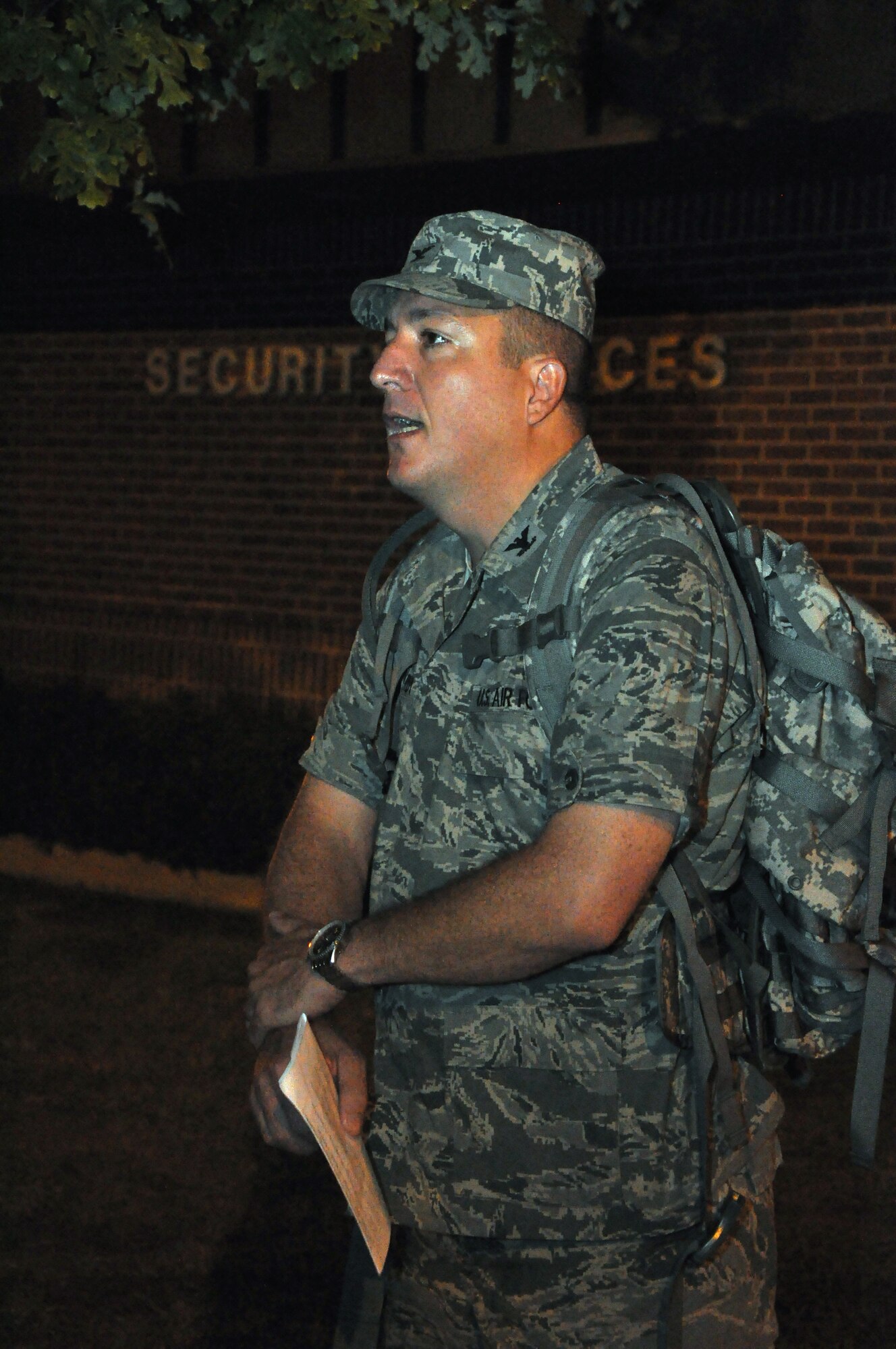 GOODFELLOW AIR FORCE BASE, Texas - Col. Dominic Bernardi, 17th Mission Support Group Commander, speaks during the Airman 1st Class Elizabeth Jacobson 4.1 Mile Remembrance Ruck March at the 17th Security Forces Squadron Sept. 28. During his speech, Col. Bernardi told the attendees how Jacobson was a hard worker and sought challenges. (U.S. Air Force photo/ Airman 1st Class Joshua Edwards)