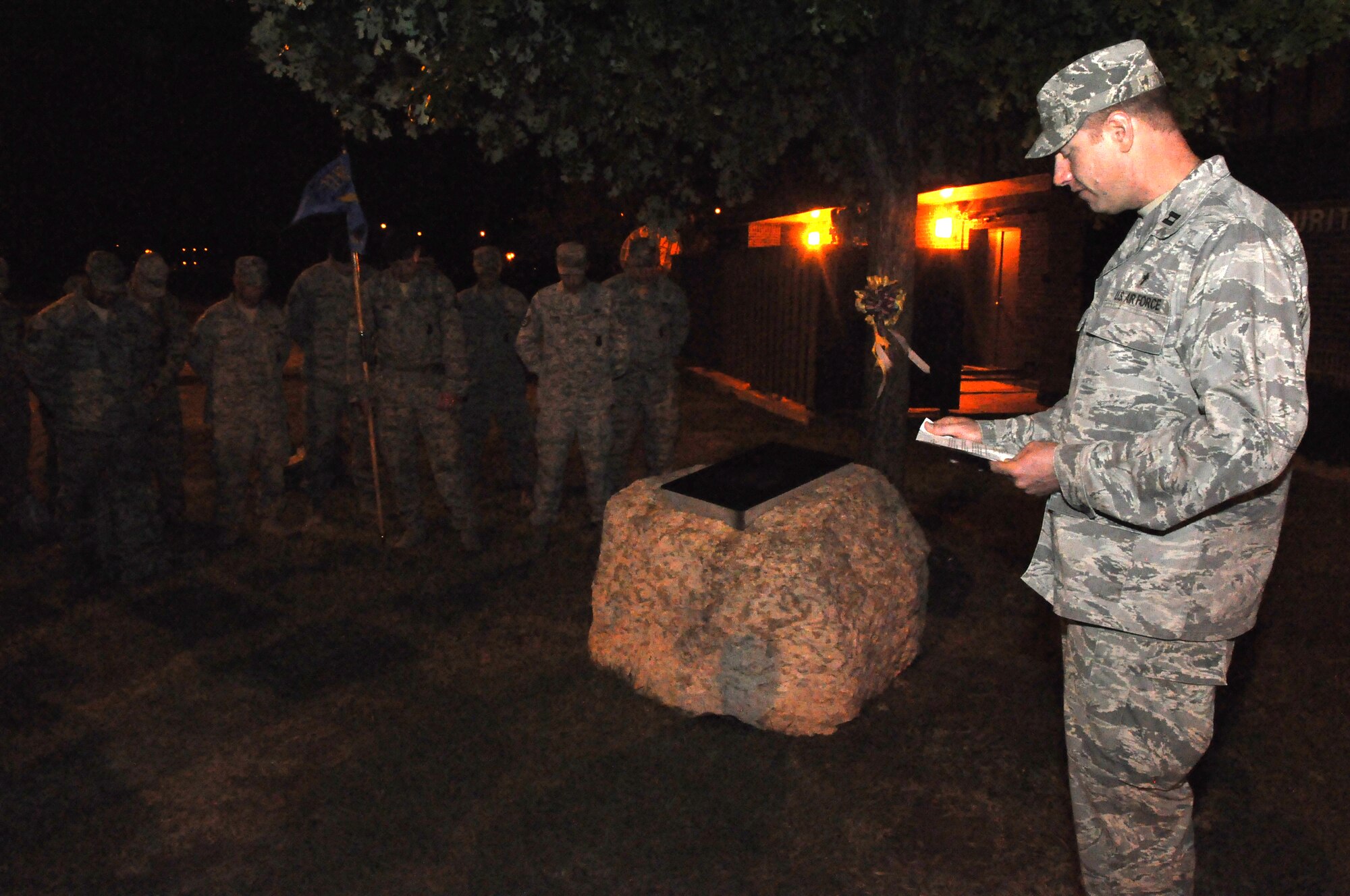 GOODFELLOW AIR FORCE BASE, Texas - Chaplain (Capt.) Robert Bohnsack, 17th Training Wing, provides the opening prayer for the Airman 1st Class Elizabeth Jacobson 4.1 Mile Remembrance Ruck March at the 17th Security Forces Squadron Sept. 28. Eight years ago, Jacobson was killed in action during Operation Iraqi Freedom. (U.S. Air Force photo/ Airman 1st Class Joshua Edwards)