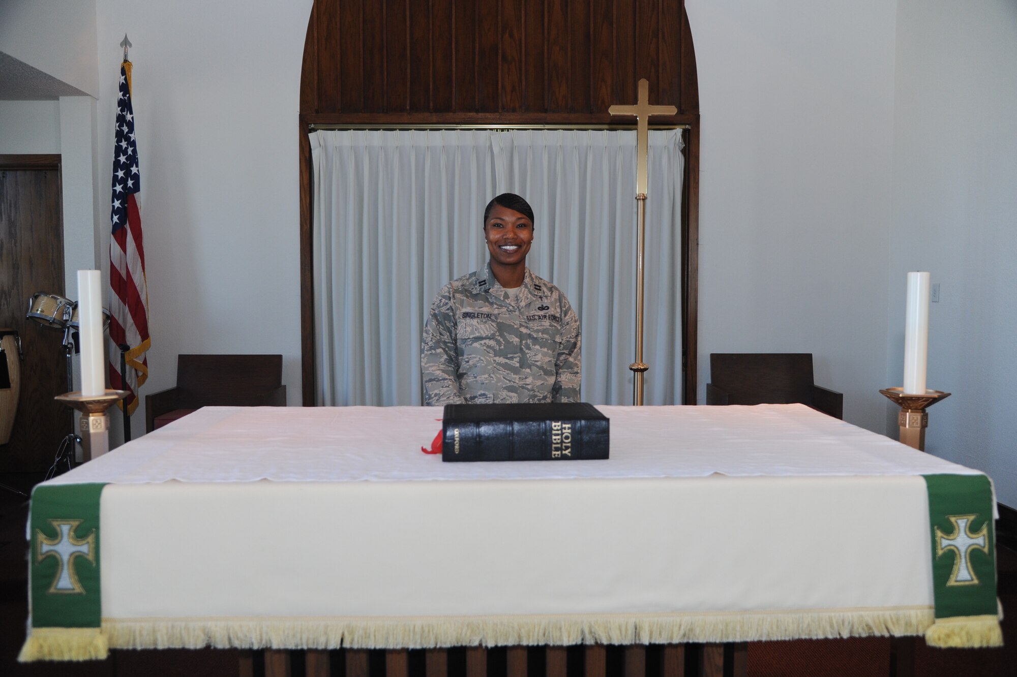 Chaplain (Capt.) Rashaundra Singleton was the chaplain for the 71st Mission Support Group. Singleton is in the Air Force Reserve and spent the last six months at Vance building programs to improve morale for Airmen. She is now stationed at Joint Base San Antonio, Texas. (U.S. Air Force photo/ Senior Airman Frank Casciotta)
