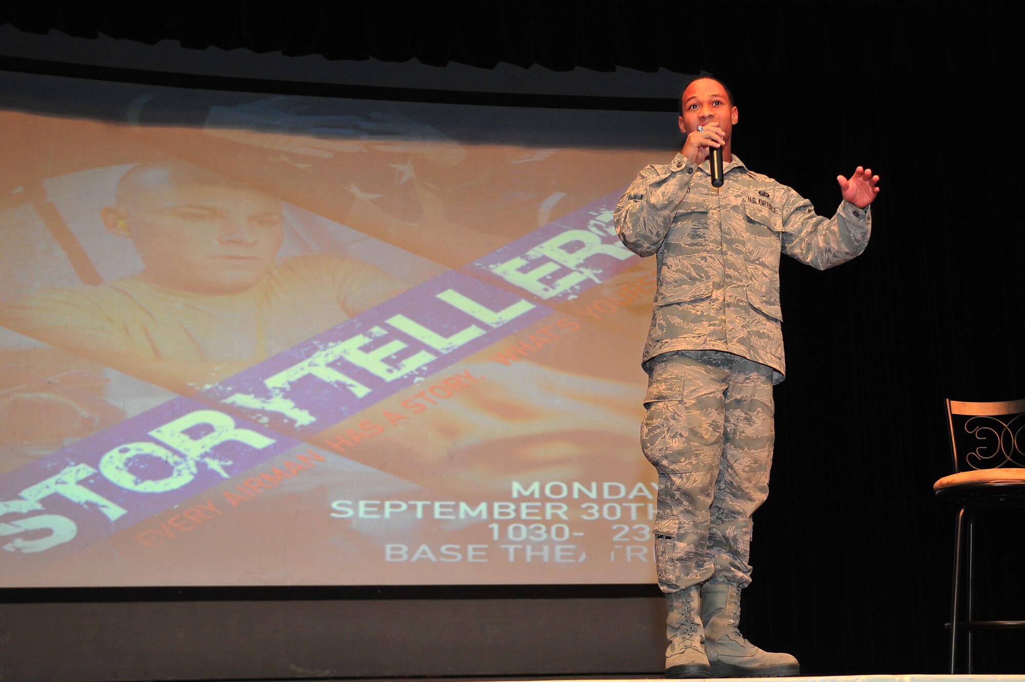 U.S. Air Force Airman 1st Class Antonio Reid, 4th Comptroller Squadron finance technician, tells his story about life before joining the Air Force during Comprehensive Airman Fitness (CAF) Day, Sept. 30, 2013. Several members of Team Seymour shared anecdotes about how they overcame adversity by strengthening certain aspects of their lives associated with the social, mental, physical and spiritual pillars of CAF. (U.S. Air Force photo by Senior Airman Aubrey White)