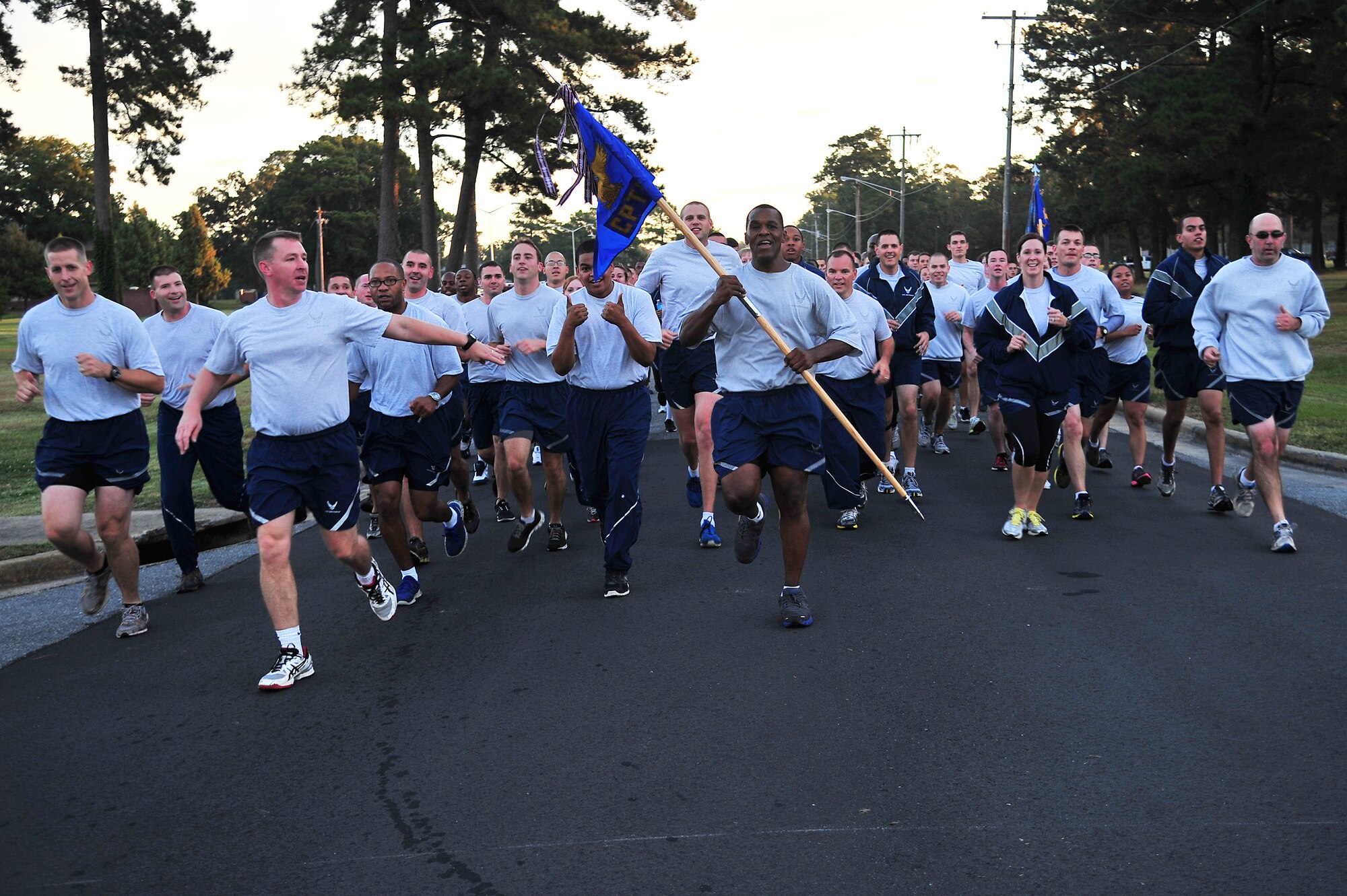 U.S. Air Force Airmen assigned to the 4th Fighter Wing complete a wing run during Comprehensive Airman Fitness Day, Sept. 30, 2013. The 1.6-mile run promoted unity, morale and emphasized the physical pillar of the CAF program. (U.S. Air Force photo by Senior Airman Aubrey White)