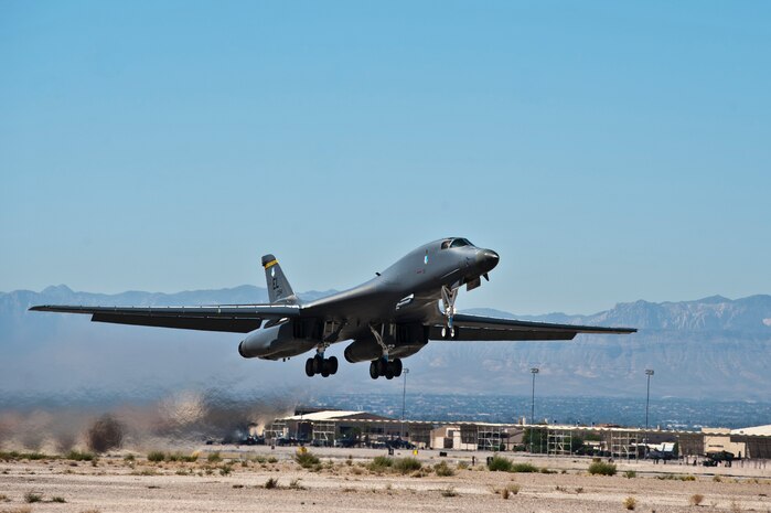 A B-1B Lancer assigned to the 37th Bomb Squadron, Ellsworth Air Force Base, S.D., takes off during Green Flag 14-2 at Nellis AFB, Nev. Green-Flag West provides realistic close-air support training environment for forces preparing to support worldwide combat operations. (U.S. Air Force photo by Airman 1st Class Christopher Tam)