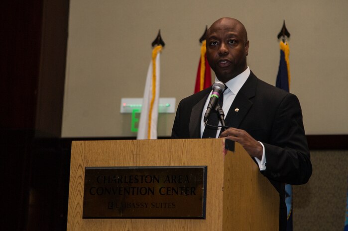 U.S. Representative Tim Scott addresses the audience during the 2013 Air Force Ball Sept. 28, 2013, at the North Charleston Convention Center in North Charleston, S.C. The ball is an annual Air Force-wide tradition to celebrate the heritage and history of the Air Force. This marks the 66th anniversary of the Air Force. (U.S. Air Force photo/Tech. Sgt. Rasheen Douglas)