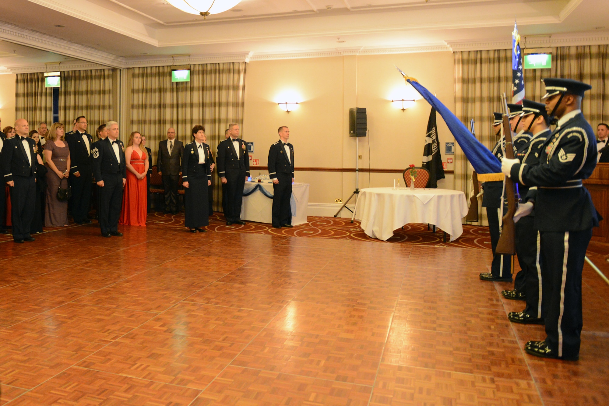 HUNTINGDON, United Kingdom – Members of the 423rd Air Base Group Honor Guard present the colors during the 501st Combat Support Wing’s 2013 Air Force Ball in Huntingdon, United Kingdom, Sept. 29. The theme of the event was “501st Combat Support Wing - A Legacy of Innovation.” (U.S. Air Force photo by Tech. Sgt. Chrissy Best)