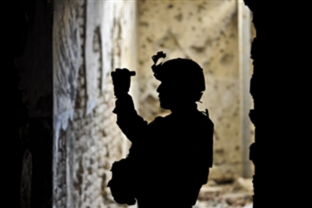 The silhouette of U.S. Army Staff Sgt. Clarence C. Elicio shows inside a tunnel at Qala-I-Jangi in northern Afghanistan's Balkh province, Sept. 30, 2013. Elicio is using a flashlight to observe another pathway. Elicio is the squad leader for Company A, 1st Battalion, 294th Infantry Regiment, Guam Army National Guard.