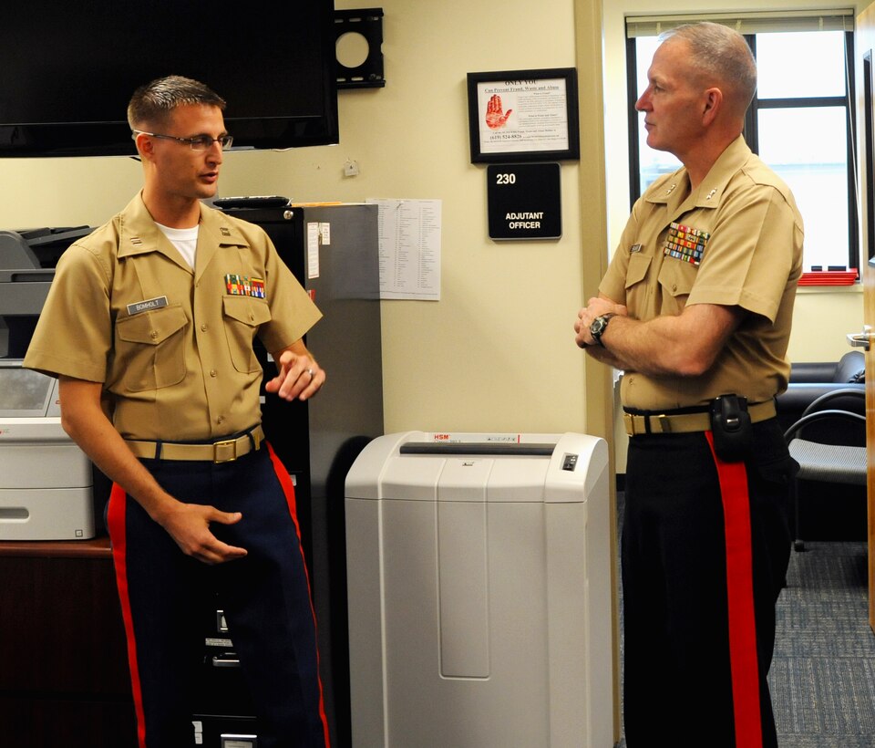 Marine Maj. Gen. Mark A. Brilakis, commanding general, Marine Corps Recruiting Command, meets with Captain Jay R. Bomholt, adjutant officer at 8th Marine Corps District, Naval Air Station Fort Worth Joint Reserve Base, on Oct. 2nd, 2013. Brilakis took command of the Western Recruiting Region on July 12th, 2013. 