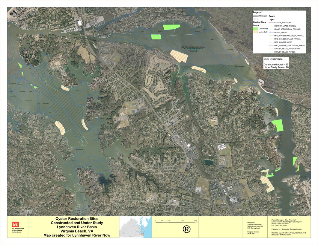 VIRGINIA BEACH, Va. -- Map of Lynnhaven River basin and the study of potential oyster reef locations.