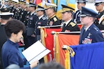 SEOUL AIR BASE, Republic of Korea - Republic of Korea President Park Geun-Hye presents the Korean Presidential Unit Citation to Lt. Gen. Jan-Marc Jouas, 7 Air Force commander, during the ROK Armed Forces Day celebration at Seoul Air Base, Republic of Korea, Oct. 1. Seventh Air Force received the award for longstanding achievements in operational readiness and force employment.The award was last issued to a U.S. unit in 2011 when the Army's 2nd Infantry Division was recognized for their support for Korea over the preceding 60 years. (ROK Ministry of National Defense photo)