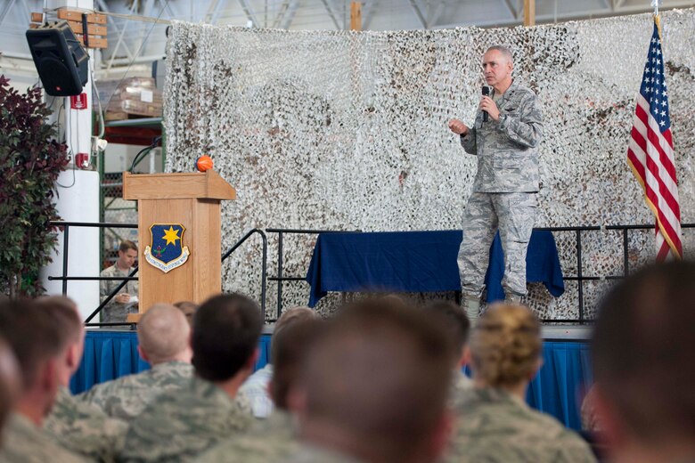 JOINT BASE MCGUIRE-DIX-LAKEHURST, N.J. -- Maj. Gen. Frederick "Rick" Martin, U.S. Air Force Expeditionary Center commander, speaks during a commander’s call to members of the 621st Contingency Response Wing as part of his visit to the CRW here, Oct. 2. Martin spent the entire day touring the CRW and speaking with Airmen about the CRW role in global air mobility. (U.S. Air Force photo by Staff Sgt. Gustavo Gonzalez)