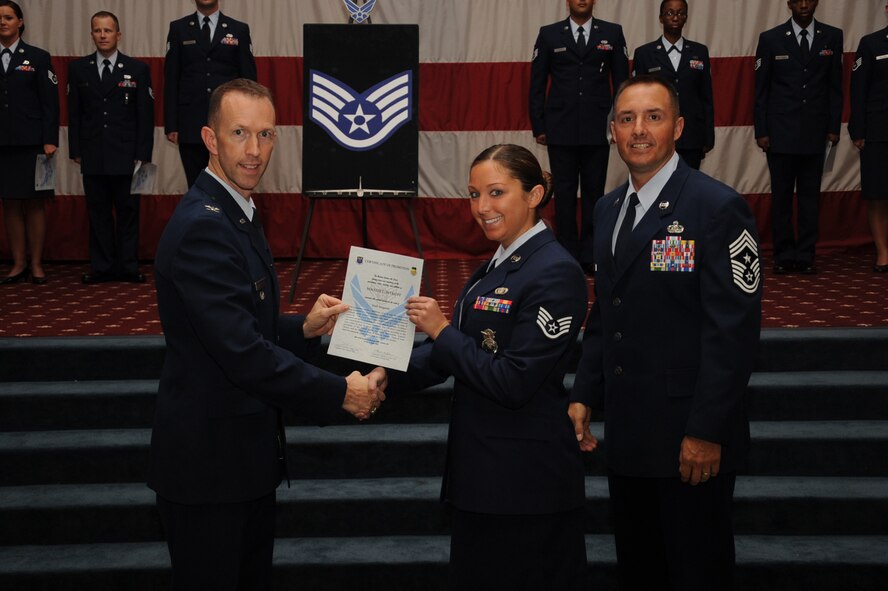 Staff Sgt. Mandy Wykoff, 2nd Security Forces Squadron, receives a certificate of promotion from Col. Leland Bohannon, 2nd Bomb Wing vice commander, and Chief Master Sgt. Curtis Storms, 2nd Bomb Wing command chief, during the September Wing Promotion Ceremony on Barksdale Air Force Base, La., Sept. 30, 2013. (U.S. Air Force photo/Senior Airman Sean Martin)