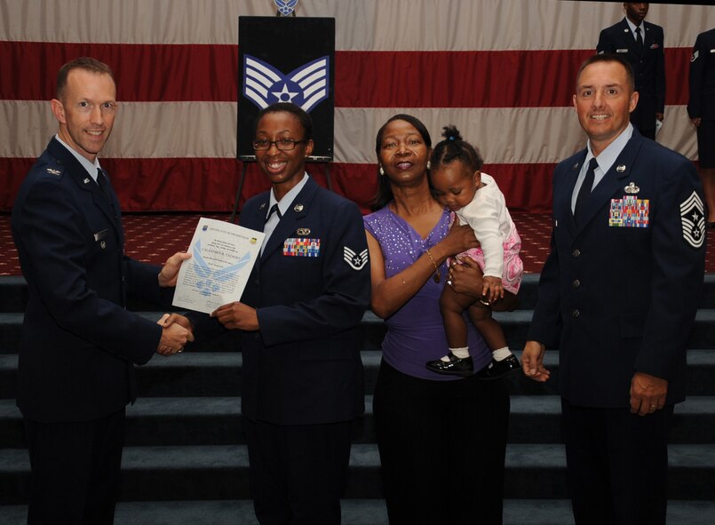 Staff Sgt. Carlandria Talbert, 2nd Logistics Readiness Squadron, receives a certificate of promotion from Col. Leland Bohannon, 2nd Bomb Wing vice commander, and Chief Master Sgt. Curtis Storms, 2nd Bomb Wing command chief, during the September Wing Promotion Ceremony on Barksdale Air Force Base, La., Sept. 30, 2013. (U.S. Air Force photo/Senior Airman Sean Martin)