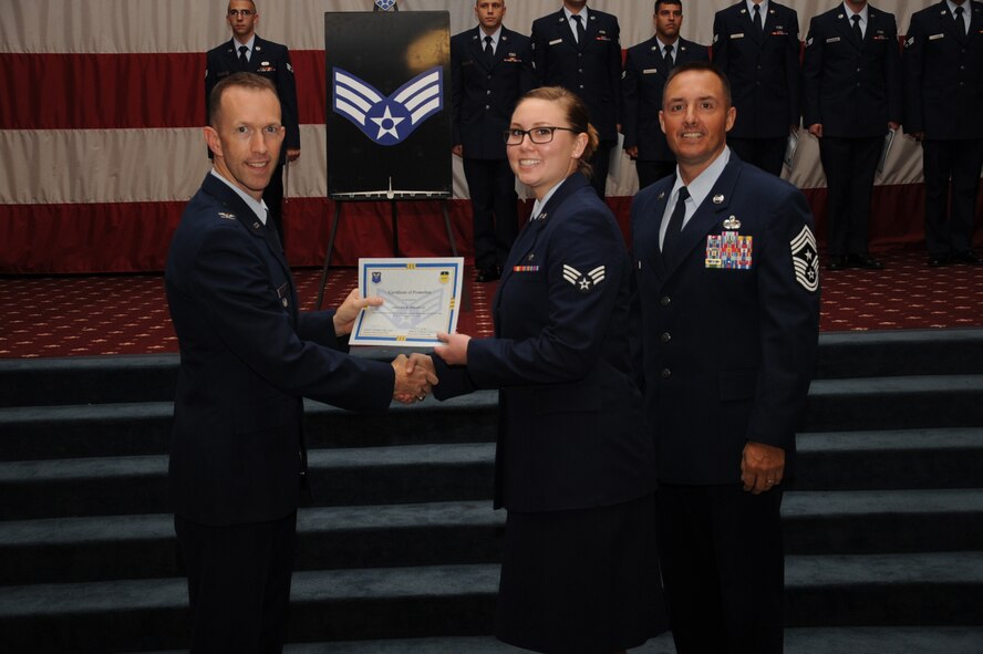 Senior Airman Amanda Spradlin, 2nd Medical Operations Squadron, receives a certificate of promotion from Col. Leland Bohannon, 2nd Bomb Wing vice commander, Chief Master Sgt. Curtis Storms, 2nd Bomb Wing command chief, during the September Wing Promotion Ceremony on Barksdale Air Force Base, La., Sept. 30, 2013. (U.S. Air Force photo/Senior Airman Sean Martin)