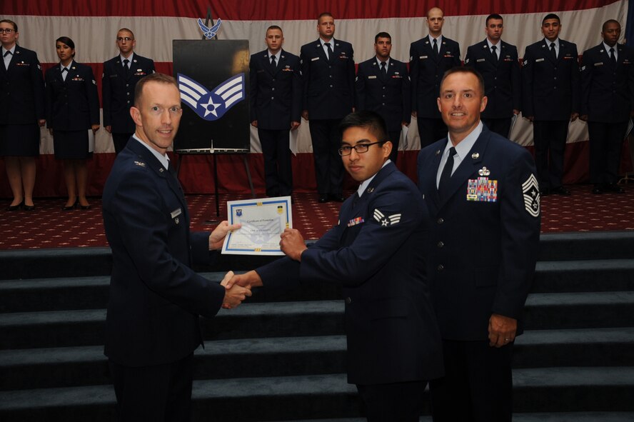 Senior Airman Eric Velasquez, 2nd Munitions Squadron, receives a certificate of promotion from Col. Leland Bohannon, 2nd Bomb Wing vice commander, and Chief Master Sgt. Curtis Storms, 2nd Bomb Wing command chief, during the September Wing Promotion Ceremony on Barksdale Air Force Base, La., Sept. 30, 2013. (U.S. Air Force photo/Senior Airman Sean Martin)
