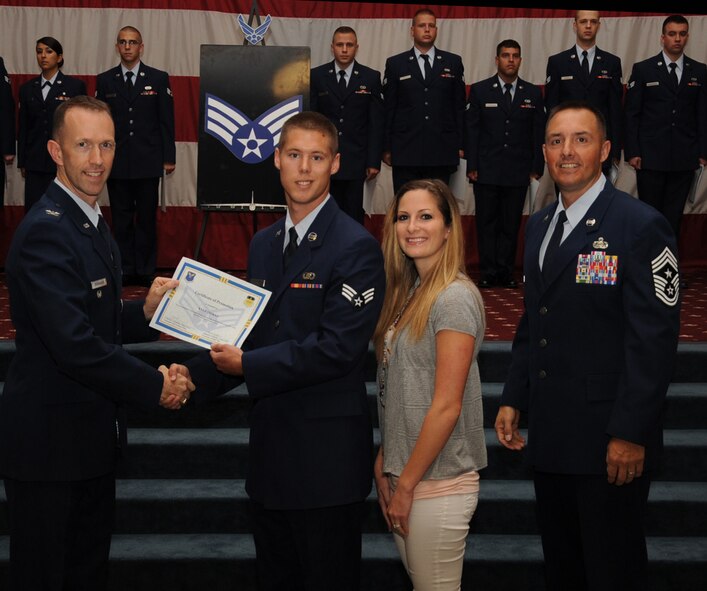 Senior Airman Kyle Stokke, 26th Operational Weather Squadron , receives a certificate of promotion from Col. Leland Bohannon, 2nd Bomb Wing vice commander, and Chief Master Sgt. Curtis Storms, 2nd Bomb Wing command chief, during the September Wing Promotion Ceremony on Barksdale Air Force Base, La., Sept. 30, 2013. (U.S. Air Force photo/Senior Airman Sean Martin)