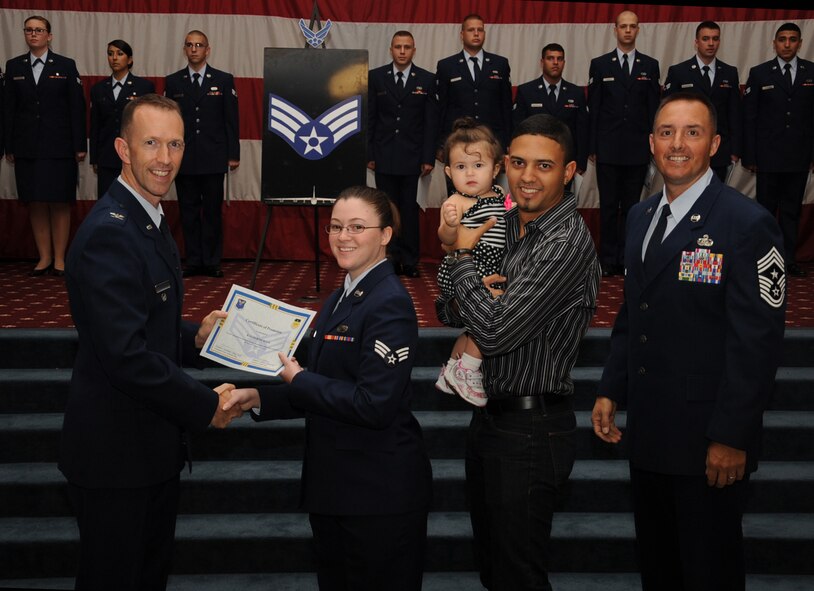 Senior Airman Katherine Rivas, 96th Bomb Squadron, receives a certificate of promotion from Col. Leland Bohannon, 2nd Bomb Wing vice commander, and Chief Master Sgt. Curtis Storms, 2nd Bomb Wing command chief, during the September Wing Promotion Ceremony on Barksdale Air Force Base, La., Sept. 30, 2013. (U.S. Air Force photo/Senior Airman Sean Martin)