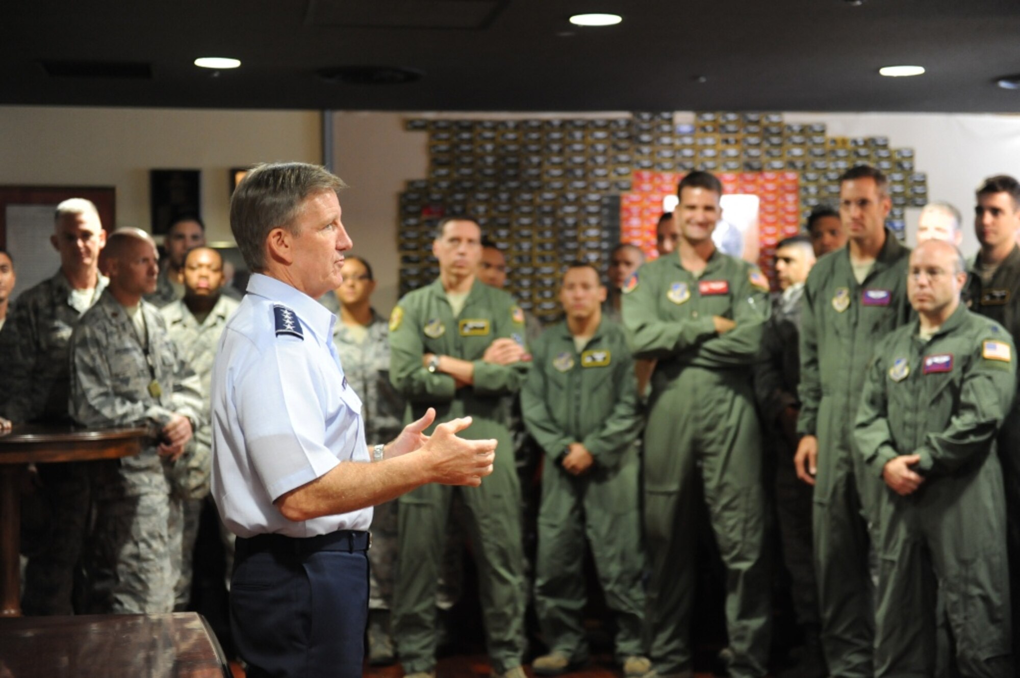 Gen. Hawk Carlisle, commander of Pacific Air Forces, meets with members of the 36th Airlift Squadron at Yokota Air Base, Japan, Oct. 1, 2013. Carlisle visited the C-130H squadron to thank Airmen for their service and spoke about their vital role providing professional airlift throughout the Western Pacific region. (U.S. Air Force photo by Airman First Class Meagan
 Schutter)
