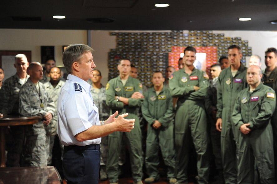 Gen. Hawk Carlisle, commander of Pacific Air Forces, meets with members of the 36th Airlift Squadron at Yokota Air Base, Japan, Oct. 1, 2013. Carlisle visited the C-130H squadron to thank Airmen for their service and spoke about their vital role providing professional airlift throughout the Western Pacific region. (U.S. Air Force photo by Airman First Class Meagan
 Schutter)
