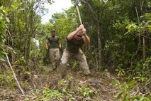 Lance Cpl. Tyler G. Dearman swings an axe while removing a tree stump to clear a route for an endurance course Oct. 1 at Camp Hansen. The three-mile course is intended to challenge Marines’ physical and mental fitness, and offer a new venue for training opportunities. Dearman is a combat engineer with the 9th Engineer Support Battalion, 3rd Marine Logistics Group, III Marine Expeditionary Force.