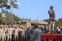 Brig. Gen. Edward D. Banta (right), the commanding general of 2nd Marine Logistics Group, speaks to Marines and sailors with 8th Engineer Support Battalion, 2nd MLG, following a battalion award ceremony aboard Camp Lejeune, N.C., Oct. 2, 2013. Banta presented the Marine Corps Engineer Association Engineer Support Battalion of the Year award to the battalion for the hard work and dedication its service members showed to the Marine Corps and American people between April 1, 2012 and March 31, 2013.