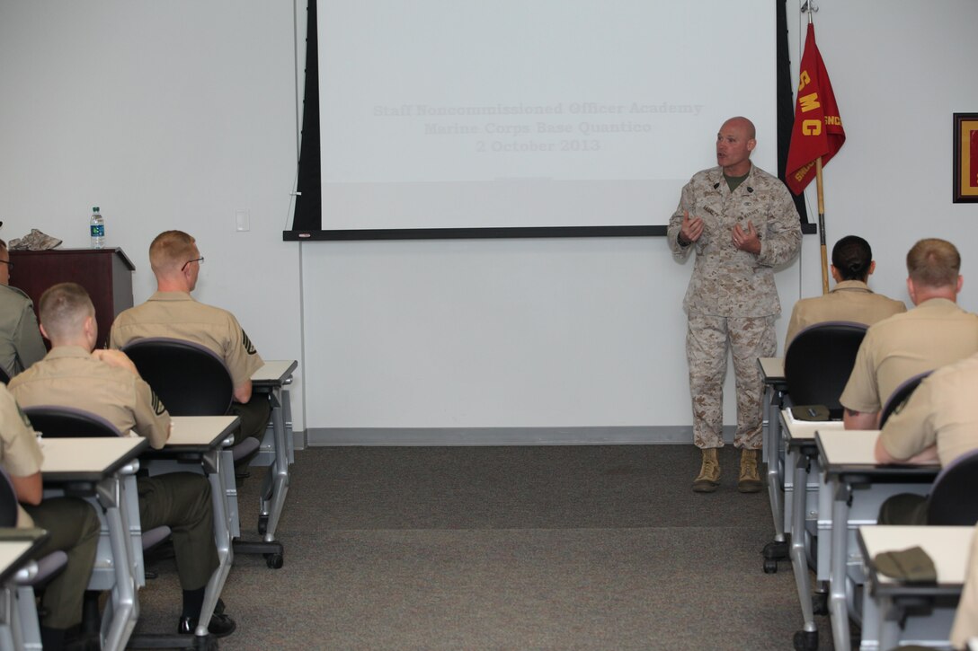 Sgt. Maj. Micheal P. Barrett, the 17th Sergeant Major of the Marine Corps, addresses the Career Course at the Staff Noncommissioned Officers Academy aboard Marine Corps Base Quantico, Va., on Oct. 2, 2013. (U.S. Marine Corps photo by Sgt. Marionne T. Mangrum)