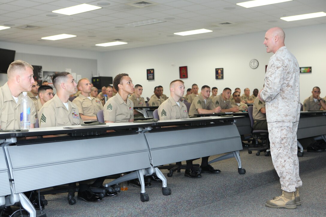 Sgt. Maj. Micheal P. Barrett, the 17th Sergeant Major of the Marine Corps, addresses the Sergeant Course at the Staff Noncommissioned Officers Academy aboard Marine Corps Base Quantico, Va., on Oct. 2, 2013. (U.S. Marine Corps photo by Sgt. Marionne T. Mangrum)