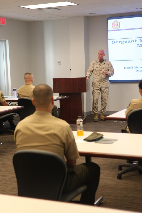 Sgt. Maj. Micheal P. Barrett, the 17th Sergeant Major of the Marine Corps, addresses the Advanced Course at the Staff Noncommissioned Officers Academy aboard Marine Corps Base Quantico, Va., on Oct. 2, 2013. (U.S. Marine Corps photo by Sgt. Marionne T. Mangrum)