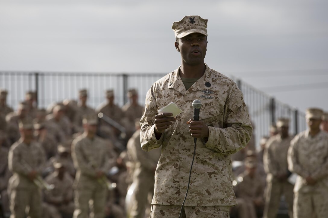 Hospital Corpsman 2nd Class Gregory Cannon, a corpsman with Marine Aircraft Group 16 and a St. Louis native, explains what the Sailor’s Creed means to him at an evening colors ceremony aboard Marine Corps Air Station Miramar, Calif., Oct. 3. In recognition of the U.S. Navy’s 238th birthday, the 3rd Marine Aircraft Wing hosted an evening colors ceremony run entirely by petty officers second class.
