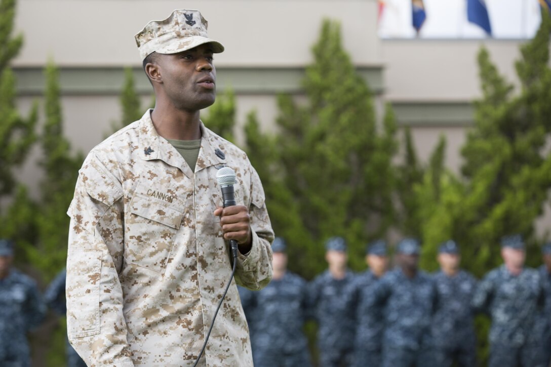 Hospital Corpsman 2nd Class Gregory Cannon, a corpsman with Marine Aircraft Group 16 and a St. Louis native, delivers a speech during an evening colors ceremony aboard Marine Corps Air Station Miramar, Calif., Oct. 3. The ceremony celebrated the Navy’s 238th birthday, and so, Cannon instilled a renewed sense of Navy pride in the Sailors in attendance.