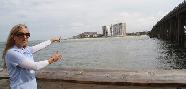 Kristin Mazur, project manager for the Norfolk District Lynnhaven Inlet Jetties Navigation Project with the city of Virginia Beach, Va., explains the federal interest determination study process and timetable, Oct. 19, 2012, to add a 1,000-foot jetty in front of the Lesner Bridge. Mazur is also the project manager for Lynnhaven Inlet Federal Naviagtion Channel maintenance dredging.