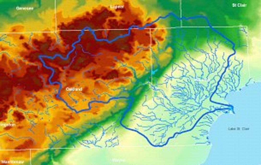 Graphic developed by computer model showing Clinton River watershed, MI.