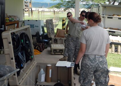 Members of Joint Task Force-Bravo's Headquarters Supply Company (HSC) conduct a full inventory of all equipment assigned to the outgoing HSC commander.  In order for the Army to receive a new commander, he or she along with the supply noncommissioned officer-in-charge, must conduct a detailed physical account of every item on the hand receipts from the previous commander.  (Photo by U.S. Army Spc. Christopher Floyd)
